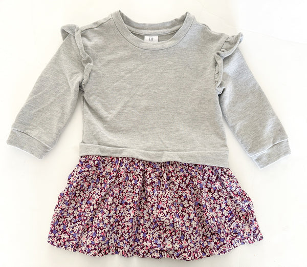 Gap grey sweater dress w/floral print attached skirt (size 4)