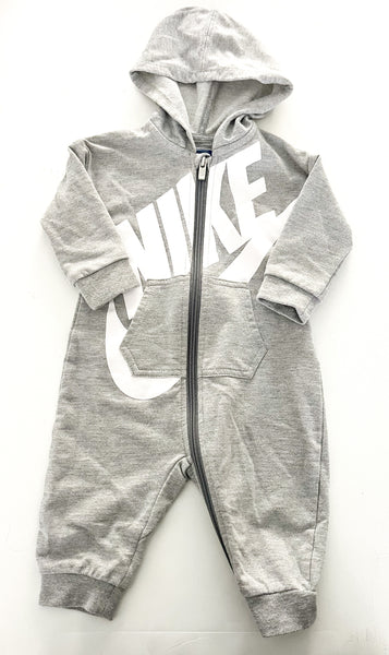 Nike grey hoodie LS zip up romper size 6-9 months