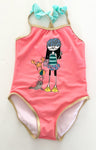 Little Marc Jacobs pink one pc swimsuit w/gold trim and baby blue ruffle w/girl print(size 3)