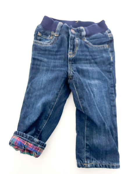 Gap Denim dark denim with red buffalo plaid lined jeans size 18-24 months