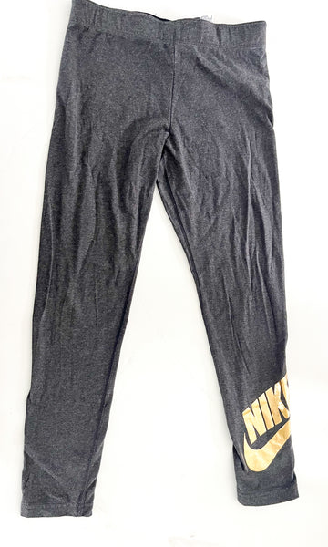 Nike grey leggings w/metallic gold logo  (size 7/8)