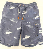 Souris Mini 2pc blue swim shorts with fish print and brown/grey rash guard size 12 Y