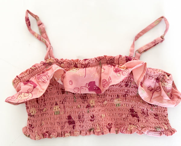 Souris Mini pink ruffle bandeau top w/straps and print(size 8)