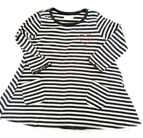 Tucker + Tate black and white stripe LS swing dress w/pockets and embroidered heart (size 3)