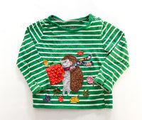 Boden green stripe LS shirt w/hedgehog  (size2-3)