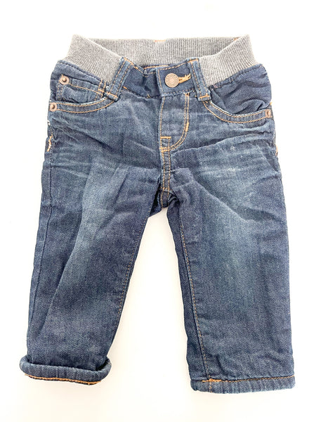 Gap Denim dark denim fleece lined jeans with dark grey elastic waistband size 3-6 months