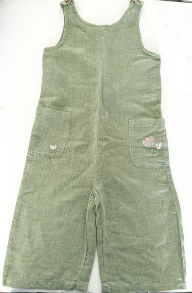 Souris Mini green linen wide leg romper with side pockets and floral embroidery detail size 7 (122cm)