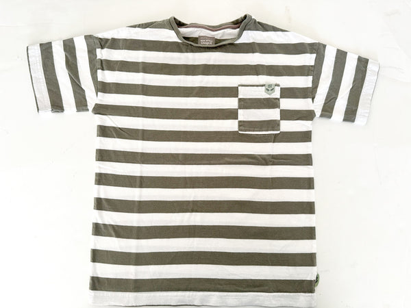 Souris Mini green & white stripe SL tee shirt with front pocket size 12Y
