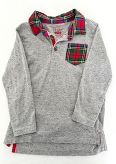 Hatley light grey with spec and plaid collar and front pocket size 4T