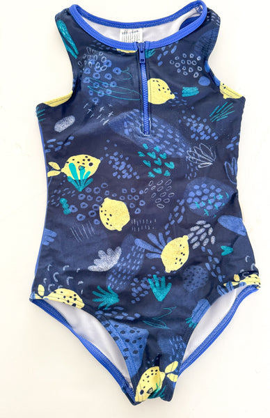 Souris Mini blue one pc swimsuit w/ coral print and zipper detail (size 5)