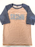 Souris Mini 2pc blue swim shorts with fish print and brown/grey rash guard size 12 Y