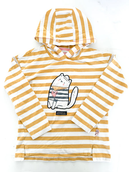 Souris Mini yellow & white stripe LS hoodie w/cat print (size 6)