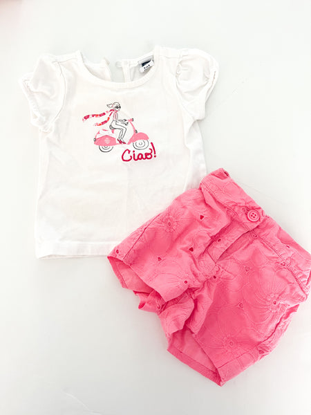 Janie & Jack "ciao" 2 pc t-shirt and pink shorts (3-6 months)