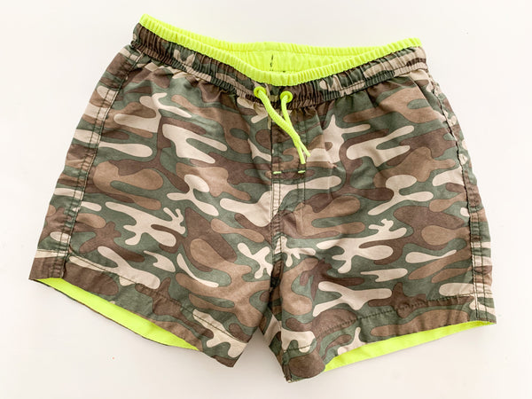 Camo swim shorts with neon yellow size: 7/8Y